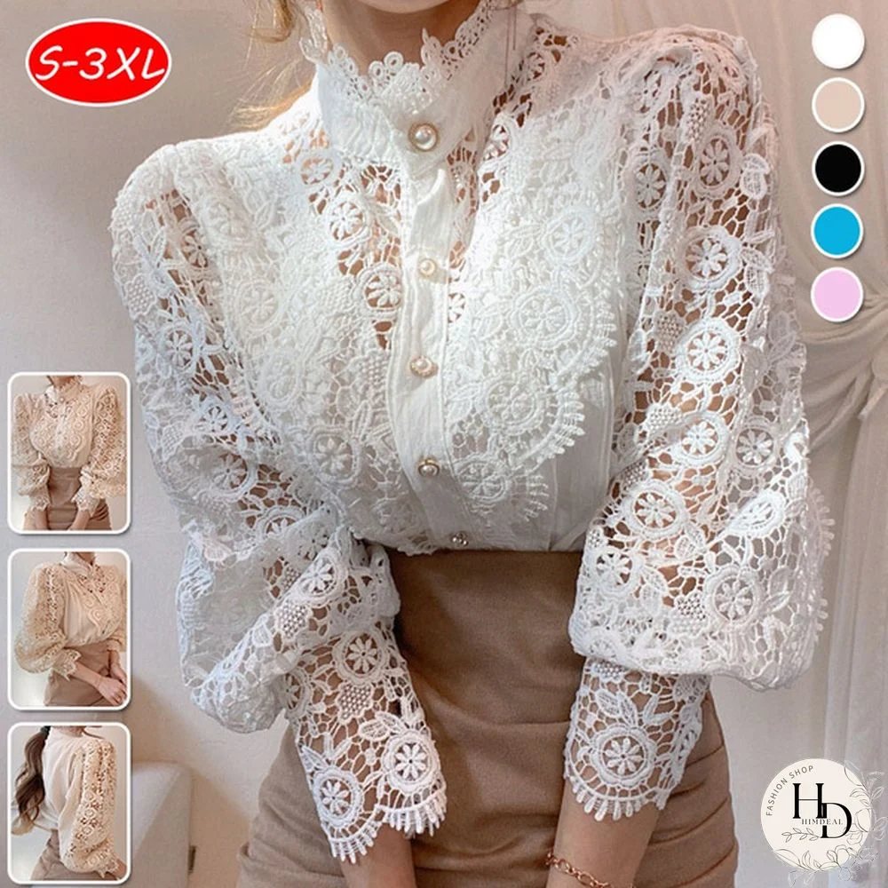 Chic Hollow Out Flower Lace Shirt Stand-Collar All-Match Summer Blouses Petal Sleeve Patchwork Women Top Femme Blusas S-3XL