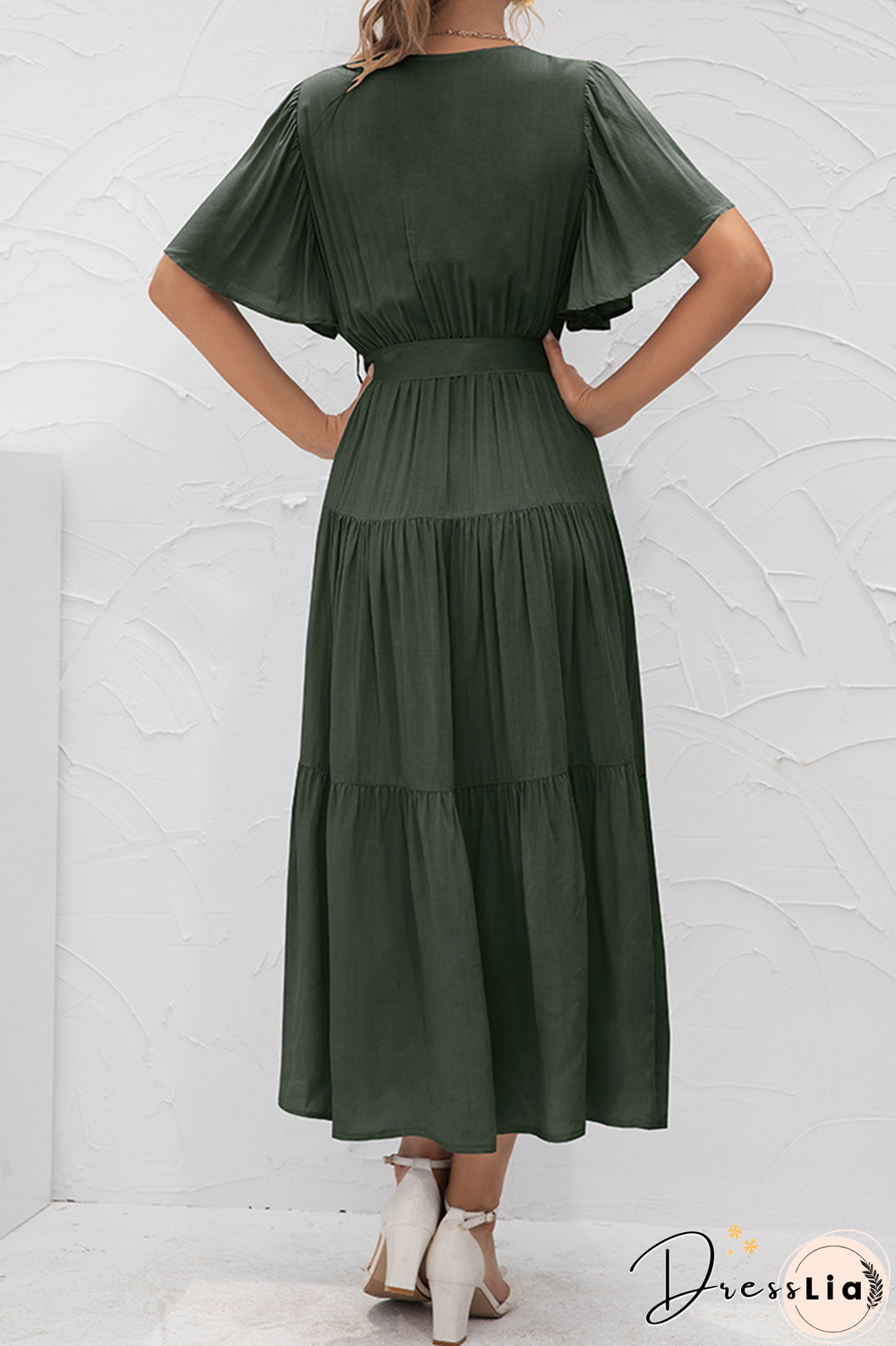 Elegant Solid Split Joint With Belt V Neck Cake Skirt Dresses(4 Colors)