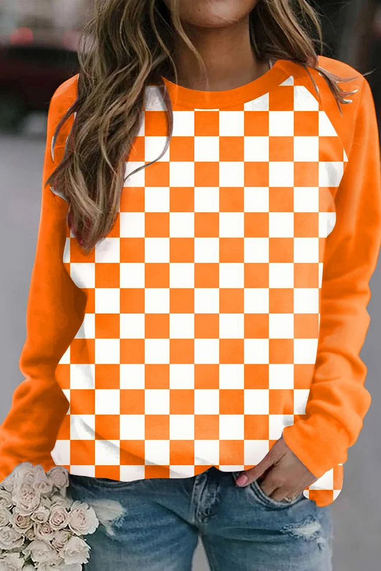 Women's Orange Checkerboard Round Neck Casual Sweatshirt