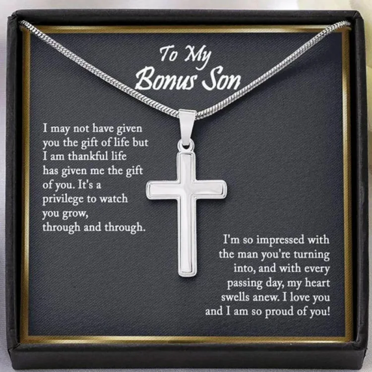 Personalized 1 Text To My Bonus Son S925 Silver Cross Necklace Set with Gift Card Gift Card-Custom Men Necklace Gift For Son-I Am So Pround of You