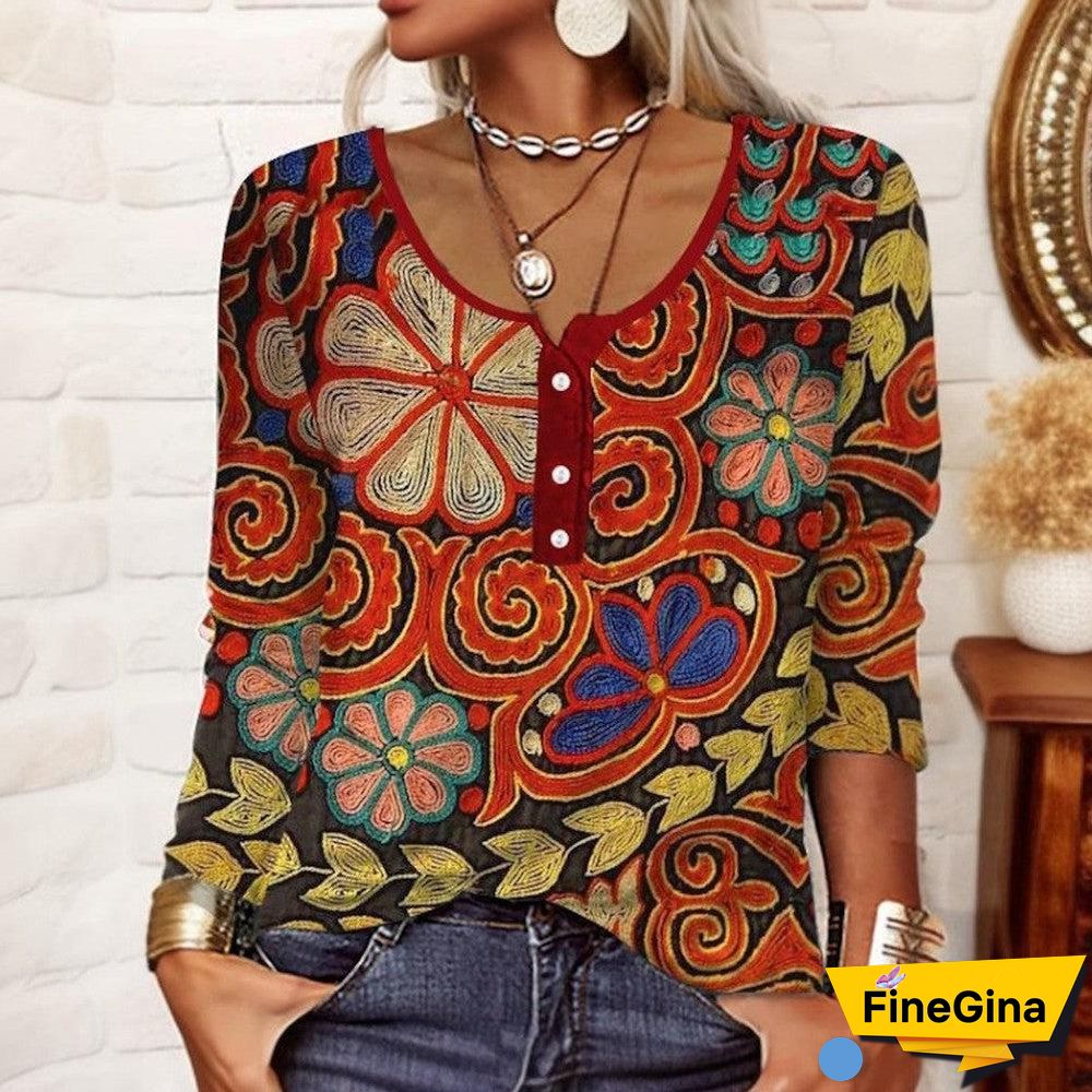 Vintage Print Long Sleeve Round Neck Top
