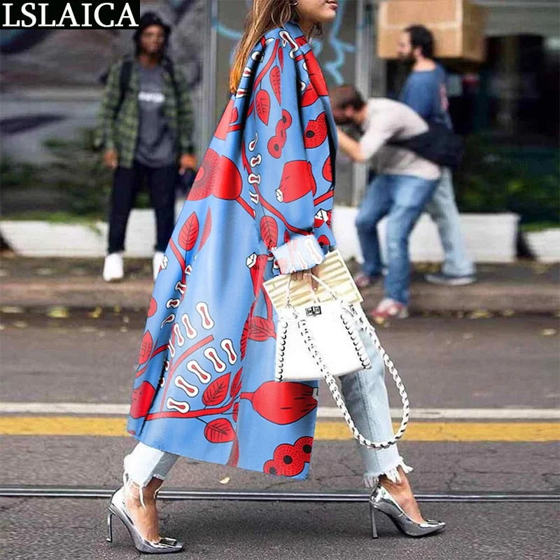 Women Trench Coat Fashion Long Sleeve Turn-Down Collar Loose Plus Size Trench Floral Print Female Overcoat High Street Long Coat