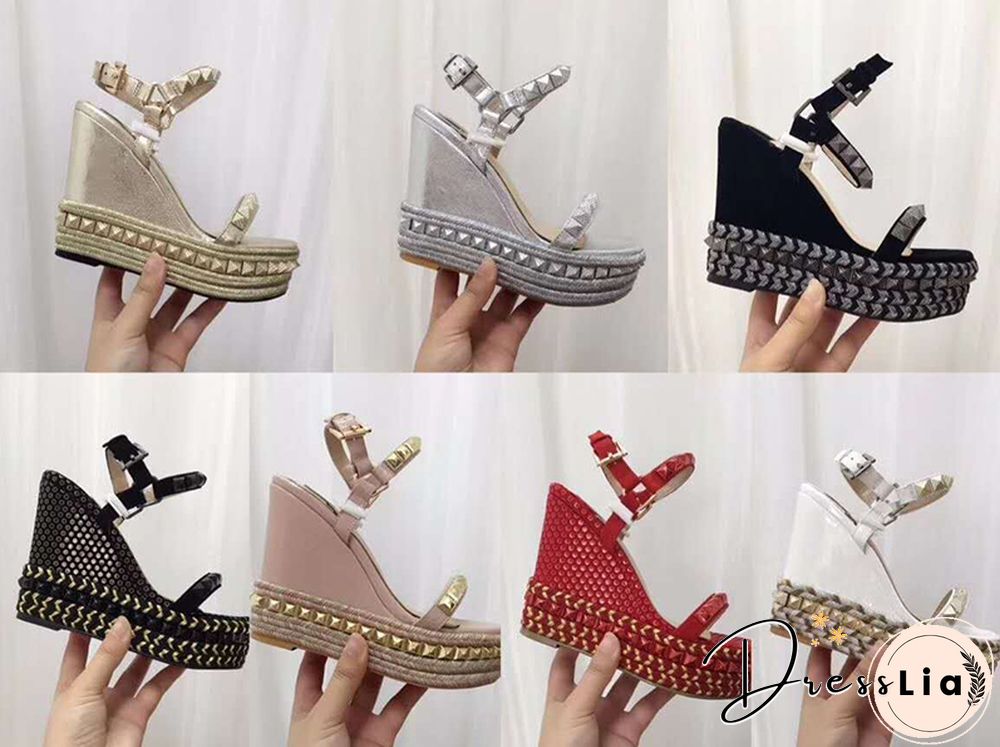 Rivet Wedges Sandals Waterproof Super High Heel Summer Women Shoes Ankle Buckle Round Open Toe Cut Out Silver Sandals