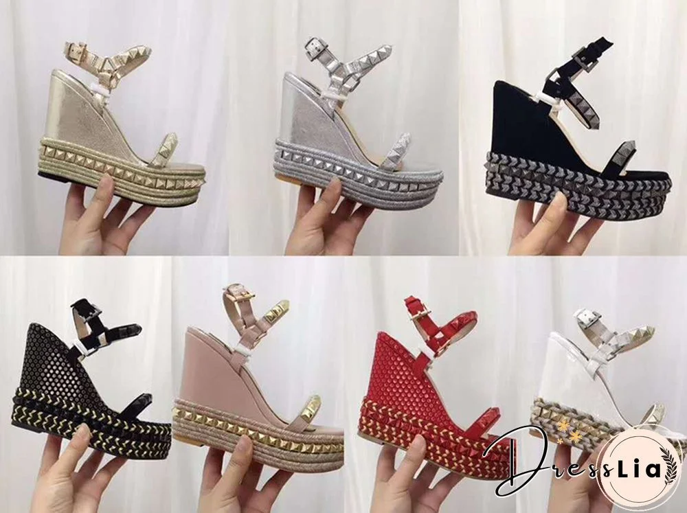 Rivet Wedges Sandals Waterproof Super High Heel Summer Women Shoes Ankle Buckle Round Open Toe Cut Out Silver Sandals