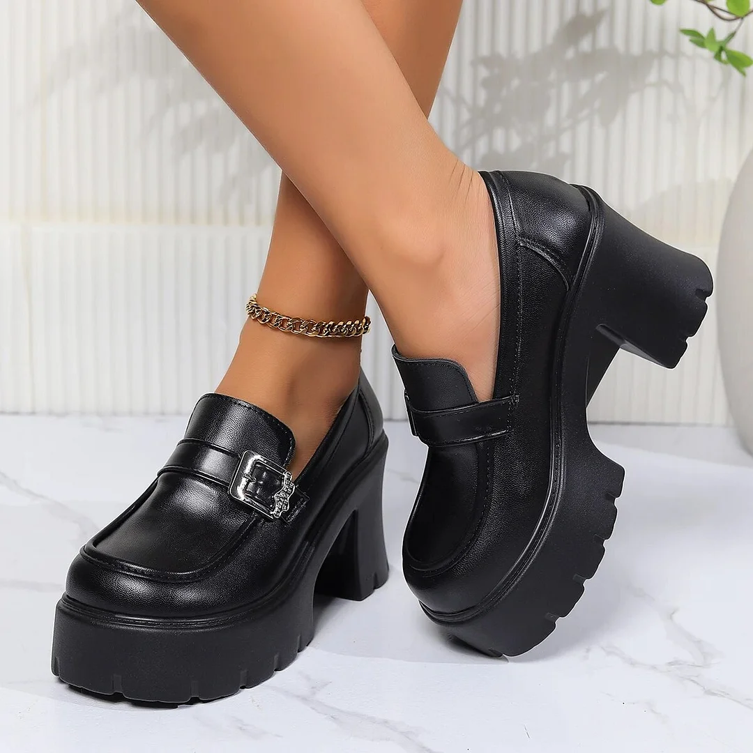 Yyvonne Black Chunky Heels Pumps Women Pu Leather Platform Loafers Woman Fashion Metal Buckle High Heels Dress Shoes Mary Janes