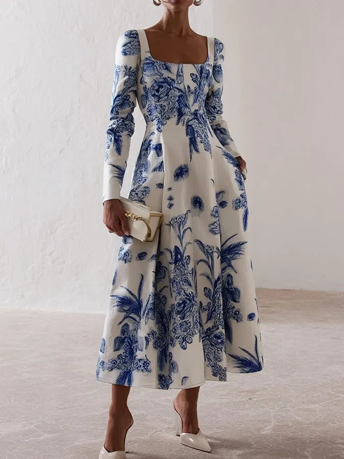 Blue And White Floral Print Square Neck Midi Dress