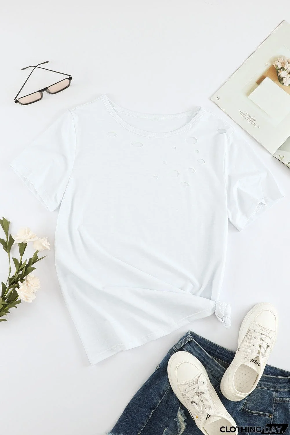 Whitec Holes Crew Neck Cotton Mixed Casual Short Sleeve T-shirt