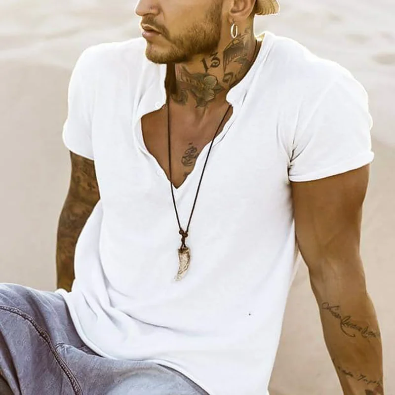 Holiday Solid Color V-neck Casual Breathable T-Shirt