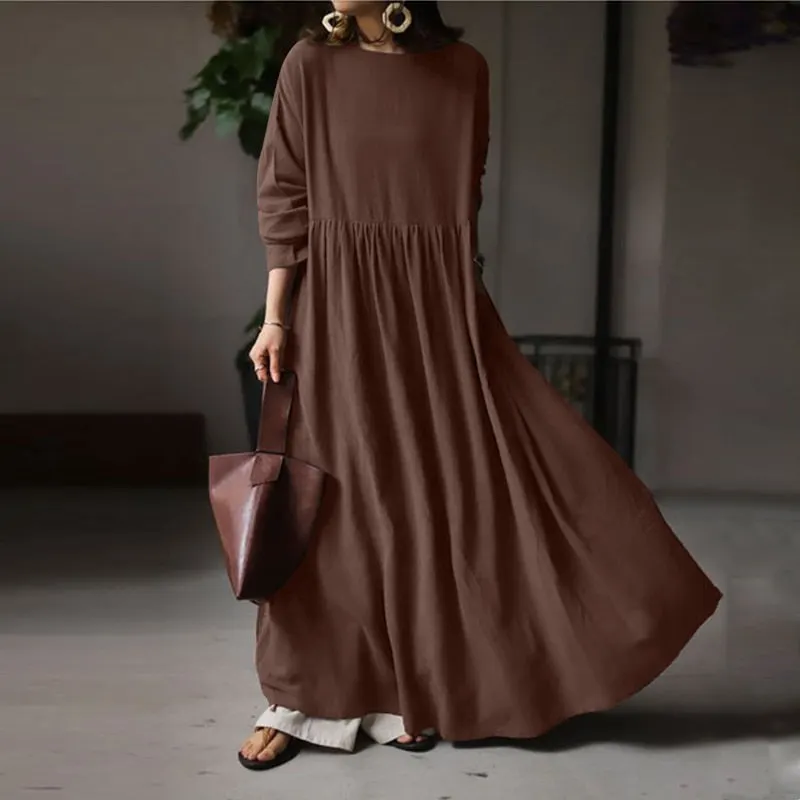 Women Elegant Maxi Long Dress ZANZEA 2022 Autumn Vintage Long Sleeve Solid Sundress Kaftan Femme Robe Vestidos  Baggy