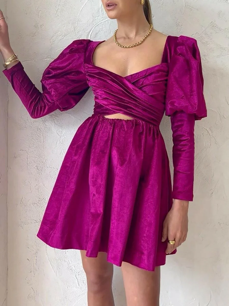Stylish Long Sleeve Mini A-Line Velvet Dress