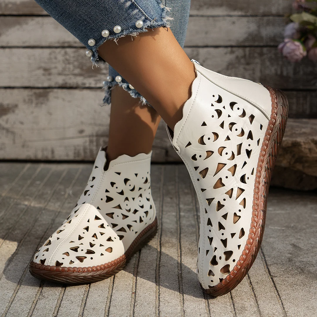 Breakj Breakj And Summer 2025 New Round Head Hollow Shoes Women Fashion Zipper Retro National Style In The Middle Of The Cool Boots