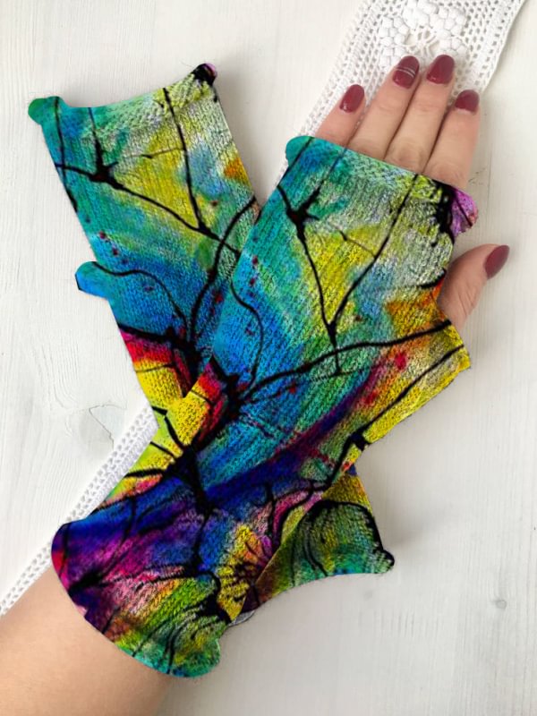Retro flroal print knit fingerless gloves