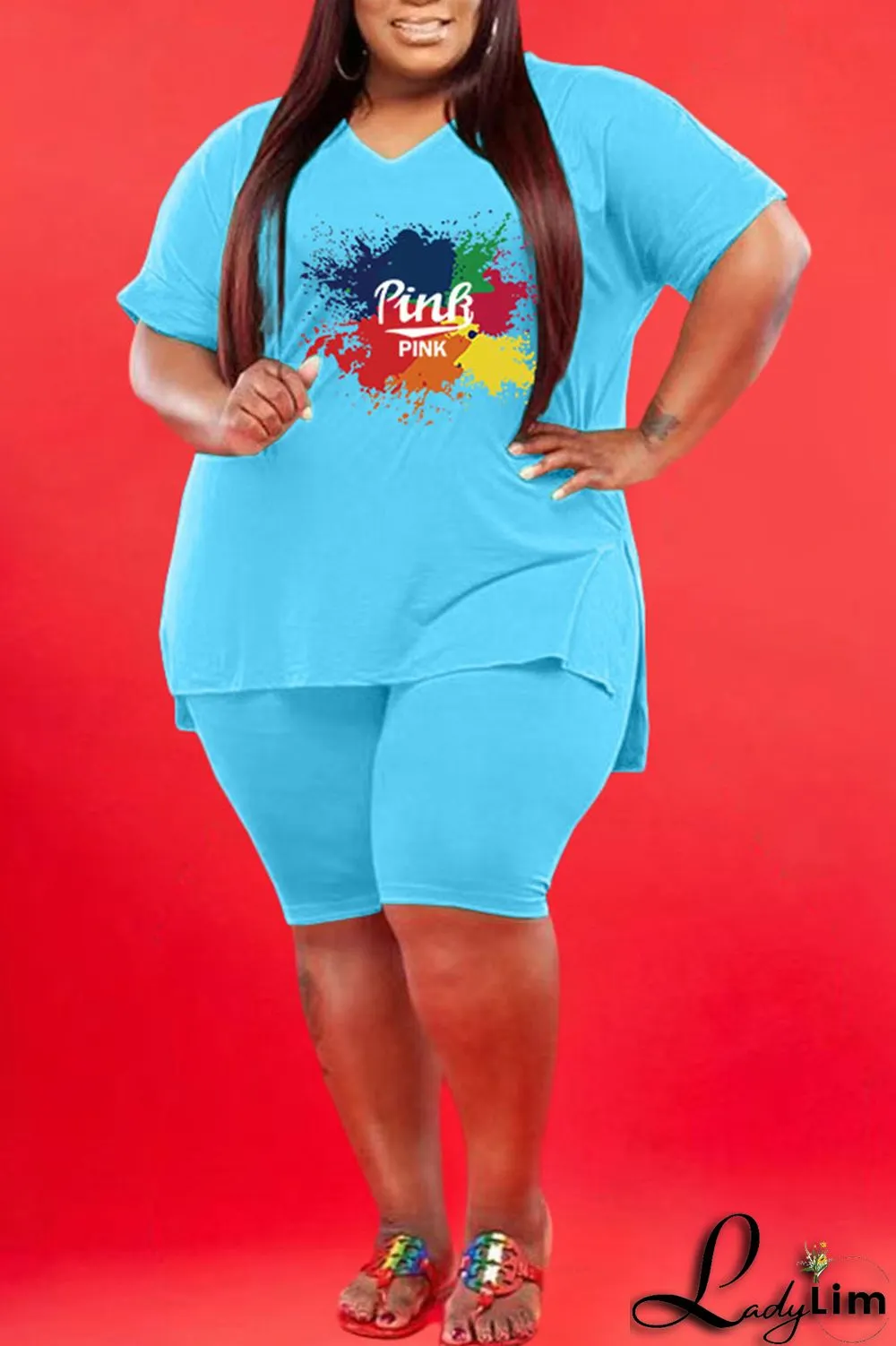 Red Casual Print V Neck Plus Size Two Pieces