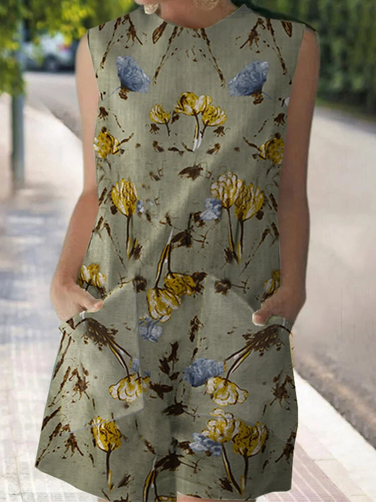Plant Print Pocket Round Neck Sleeveless Romper
