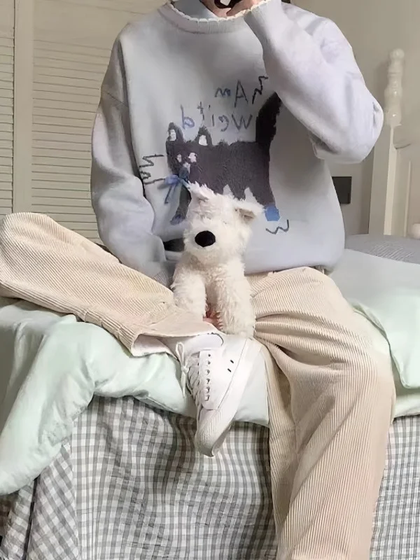 Athvotar Athvotar Academy Wind Knitted Sweater Woman Design Sensing Cat Pattern Lazy Small Knitted T-Shirt Winter