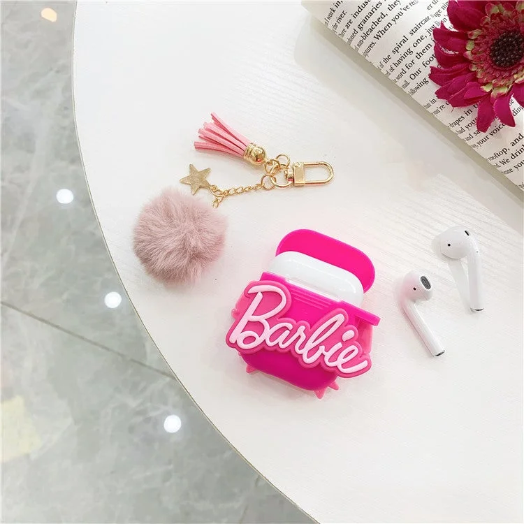 Cartoon Barbie AirPods Protective Case Cover with Pompom Keyring