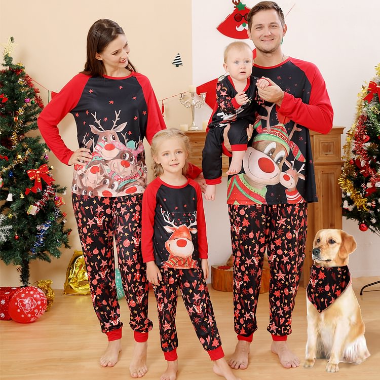 Christmas Family Matching Reindeer Print Red Ragaln-Sleeve Pajamas Sets