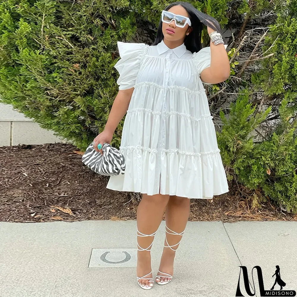 MidiSono - Spring/Summer Retro Court Style Pleated Puff Sleeve Loose Women Dress
