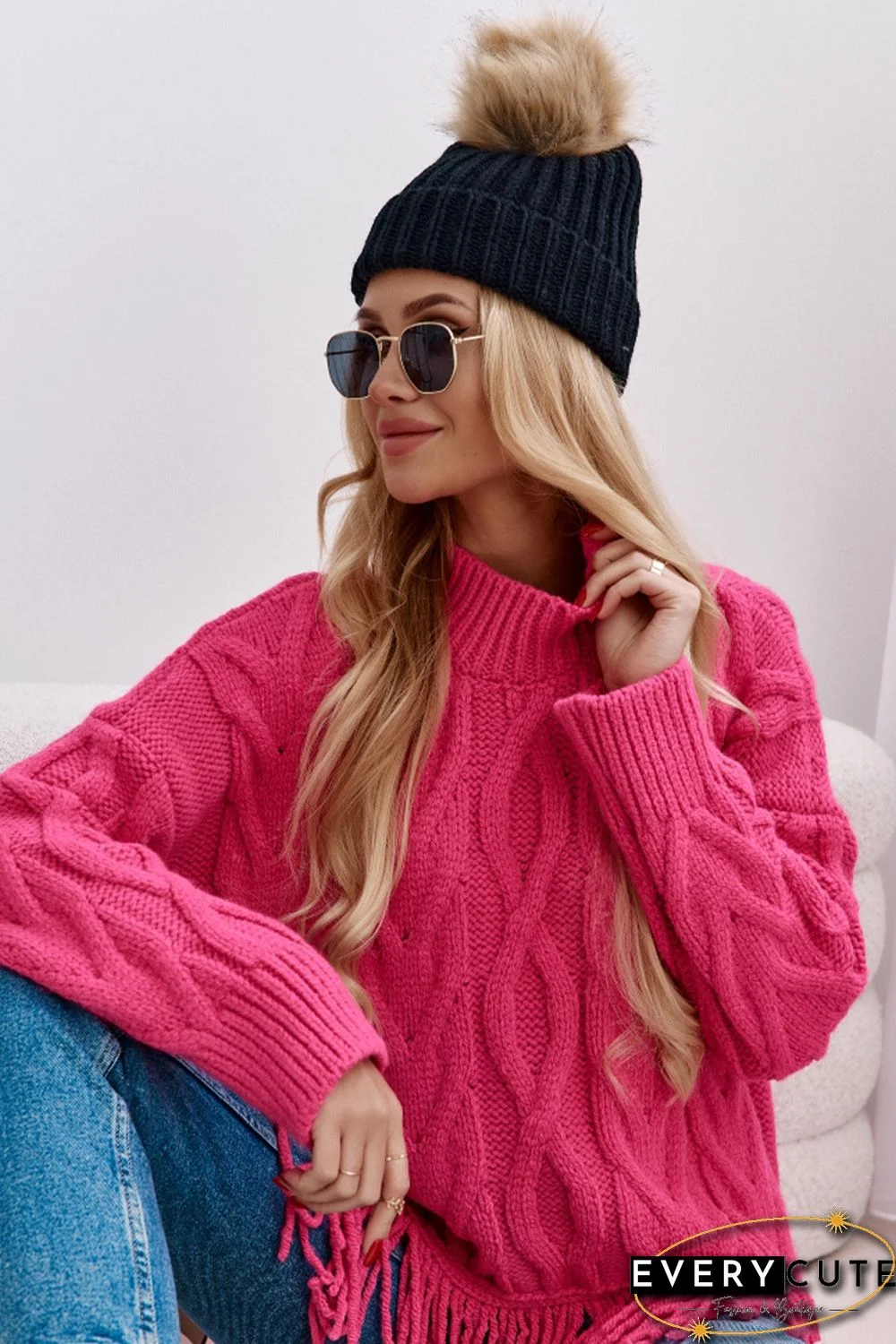 Rose High Neck Cable Knit Tasseled Sweater