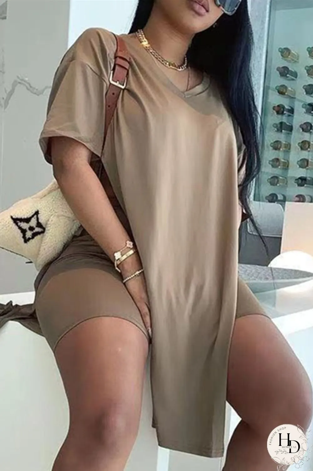 Coffee Fashion Casual Solid Slit V Neck Short Sleeve Two Pieces