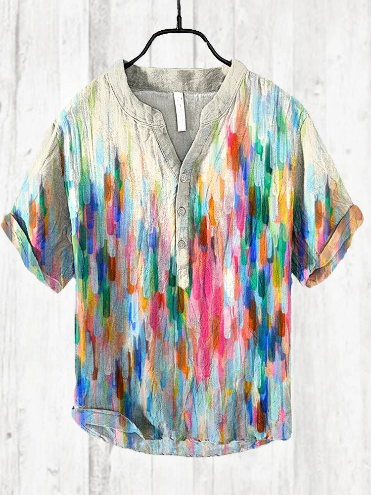 Comstylish Colorful Oil Painting Texture Art Cotton Linen Shirt