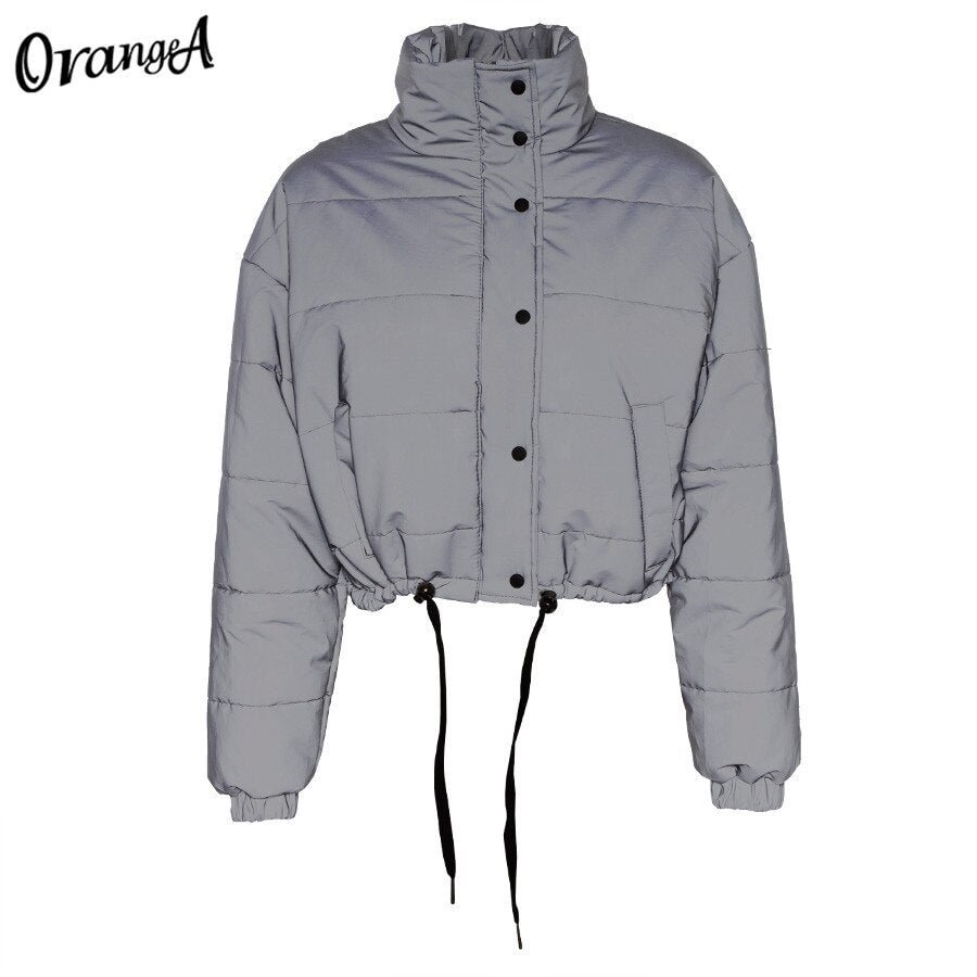 OrangeA fashion winter reflective short warm jacket coats outerwear Summer turtleneck casual parka party zipper slim streetwear
