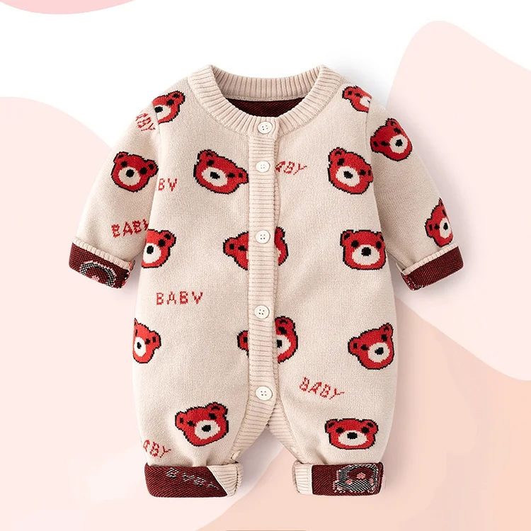 Baby Boy/Girl Allover Bear and Letter Pattern Long Sleeve Knitted Romper