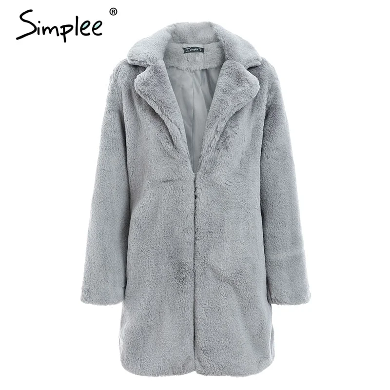 Simplee Elegant pink shaggy women faux fur coat streetwear Autumn winter warm plush teddy coat Female Solid overcoat party