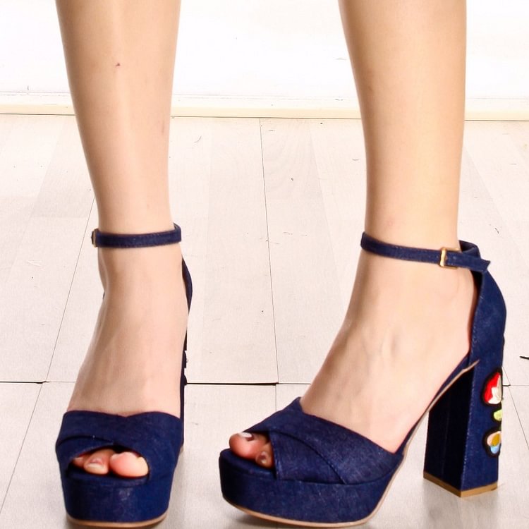 Navy Denim Flower Embroidered Platform Chunky Heel Ankle Strap Sandals |FSJ Shoes