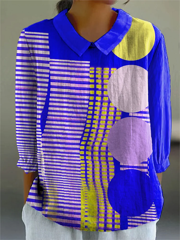 Women's Bright Abstract Geometric Art Print Casual Cotton And Linen 3/4 Sleeve Shirt