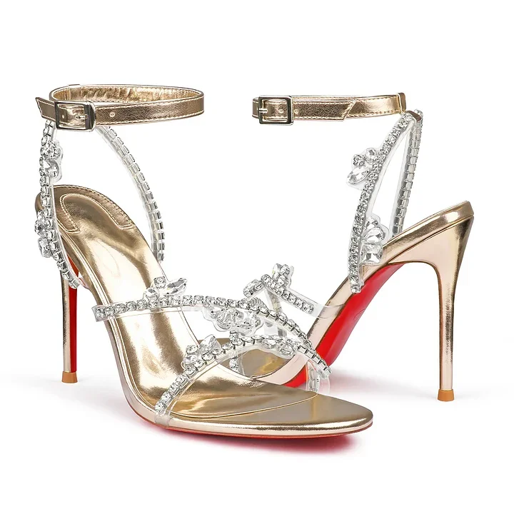 100mm Spotlight Wavy Straps Red Bottom Stilettos Rhinestones Sandals -MERUMOTE