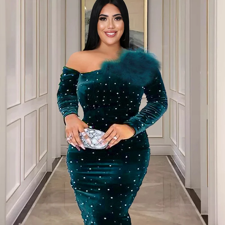 Cocktail Party Dresses Plus Size 4XL Dark Green Women Cold Shoulder Long Sleeve Bodycon Sequins Velvet Gowns Outfits Christmas QueenFunky