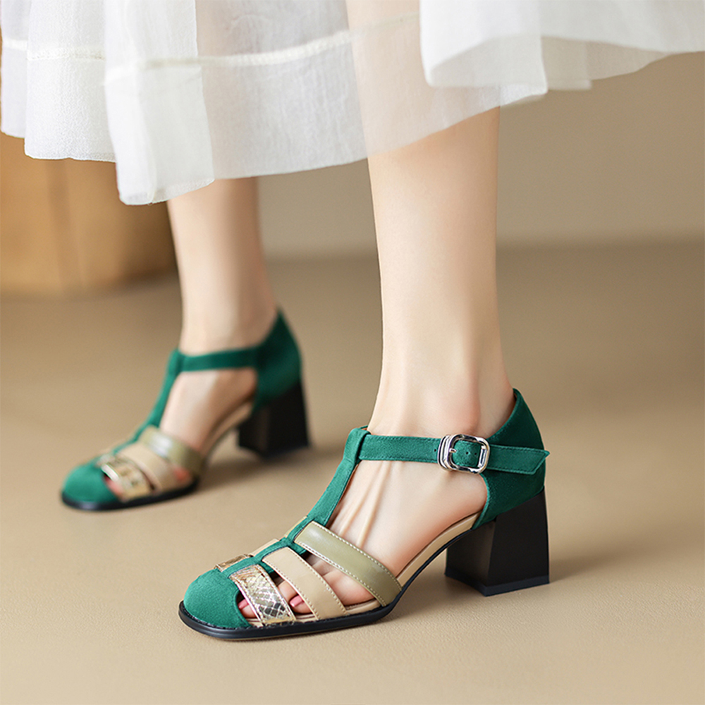 Green Open Toe Chunky Heel Strappy Sandals Nicepairs