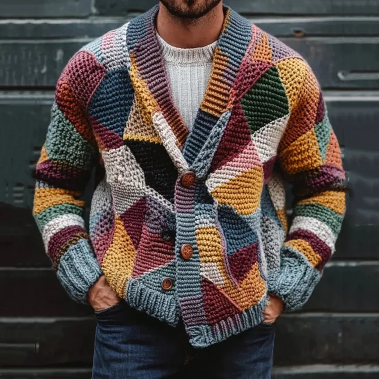 Utbros Men'S Retro Patchwork Contrast Button Sweater Cardigan