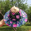 2 in 1 Bamboo Foldable Hand Fan Sun Hat Floral Printed Chinese Style Handheld Foldable Wide Brim Hat for Women Outdoor Beach Travel Accessory