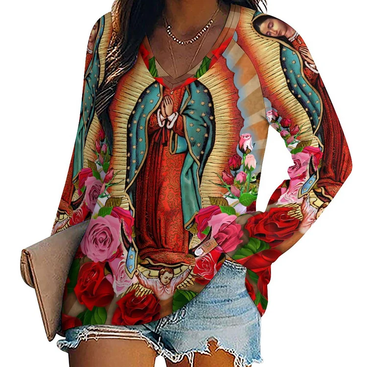 Virgin Mary Our Lady Of Guadalupe Women Crew Neck Dressy Tops Loose V-Neck Long Sleeve Tunic Tops - Heather Prints Shirts