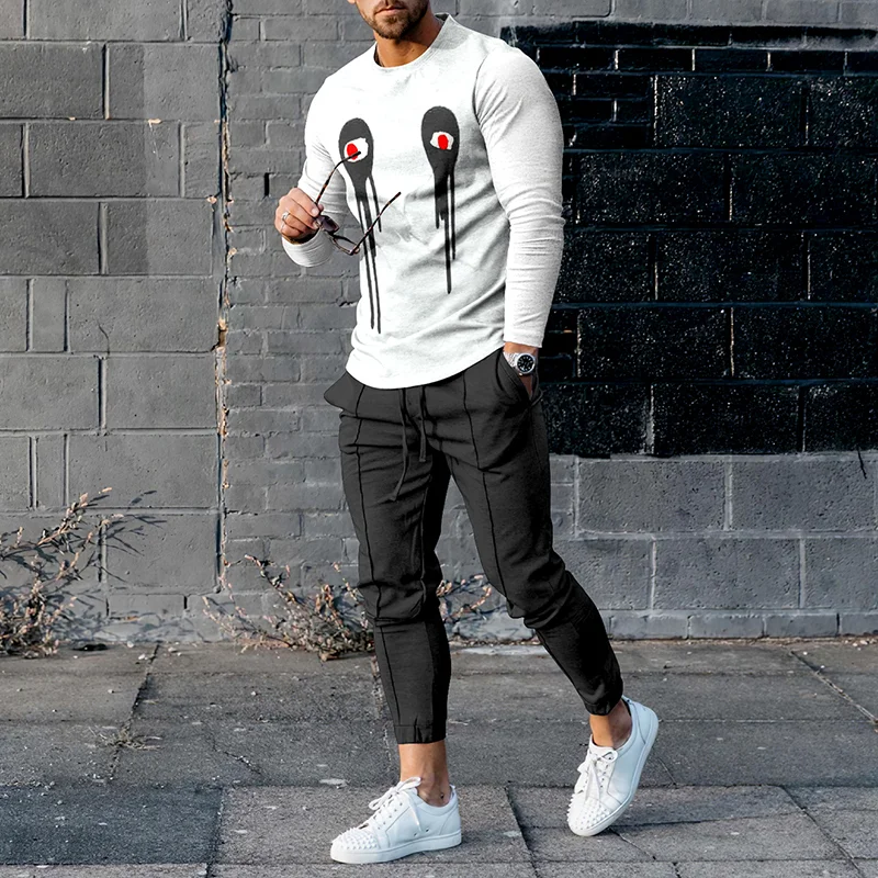 Casual Art Crying Face Print Long Sleeve T-Shirt And Pants Co-Ord