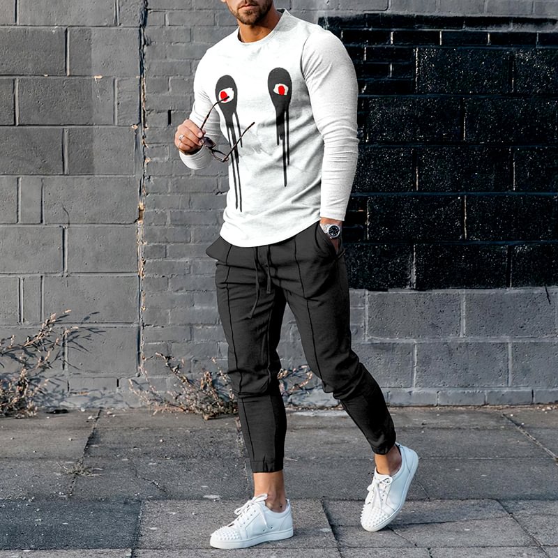 Casual Art Crying Face Print Long Sleeve T-Shirt And Pants Co-Ord