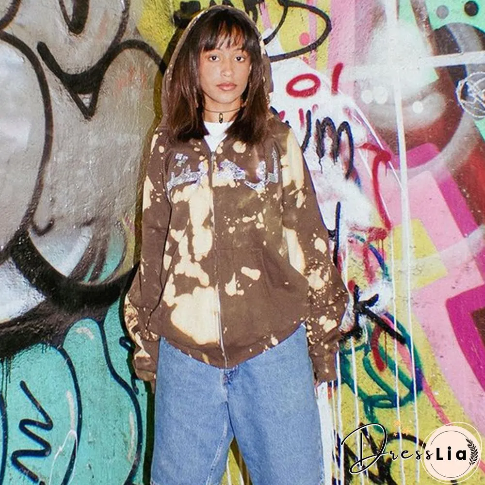 Rhinestone Jacket Y2k Women Fairy Grunge Print Long Sleeve Hooded Tops With Pockets Coat Autumn Winter Clothes
