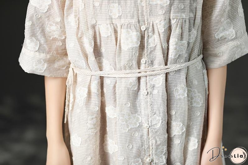 Loose Summer Lacing Beige Long Linen Women Dress