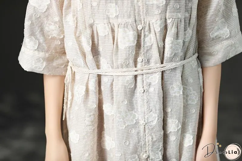 Loose Summer Lacing Beige Long Linen Women Dress