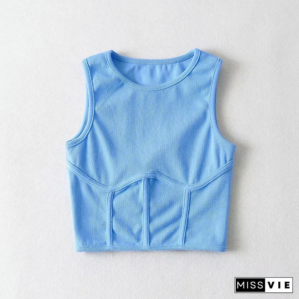 Summer Womens Streetwear Corset Crop Top Elastic Cotton Sleeveless O-Neck Solid Sexy Tank