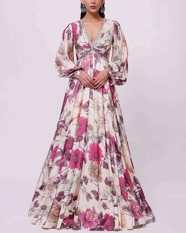 Off White Satin Puffed Sleeve Printed Gown