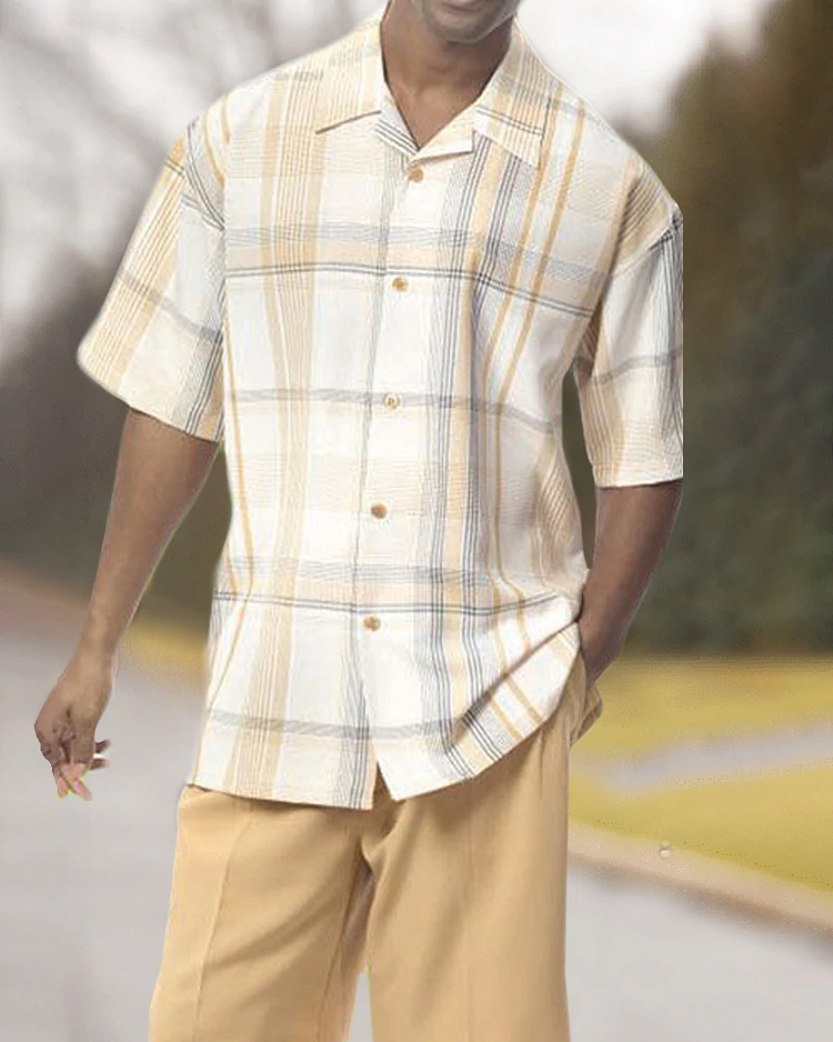 Short Sleeve Print Walking Two Piece Suit Set With Long Pants