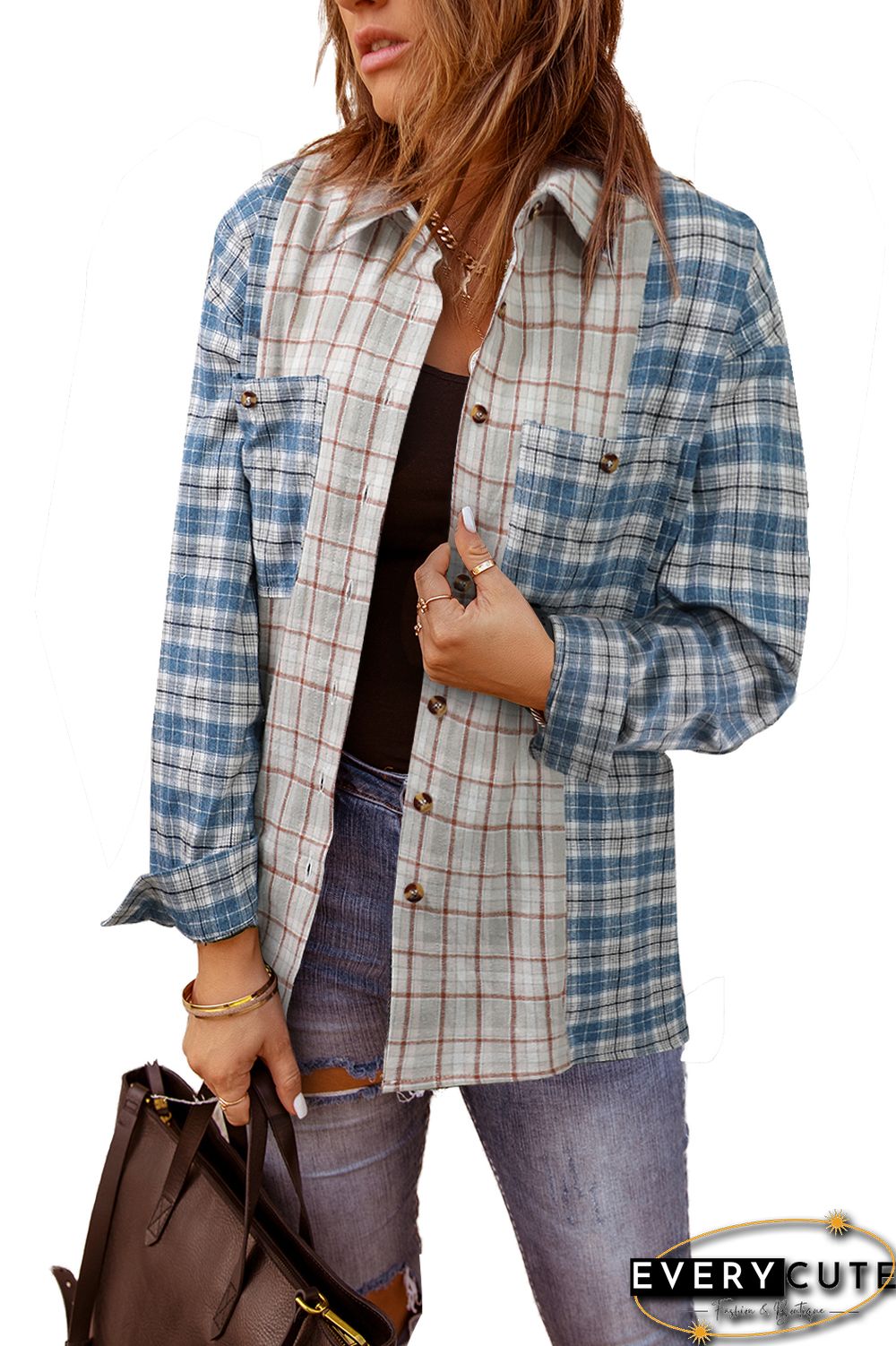 Sky Blue Plaid Color Block Pocket Button-up Long Sleeve Shirt