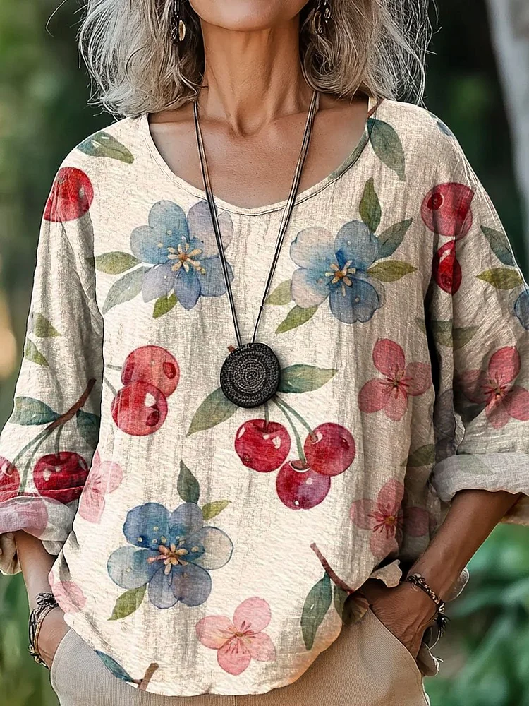 Women's Vintage Floral Art Print Casual Cotton And Linen Shirt