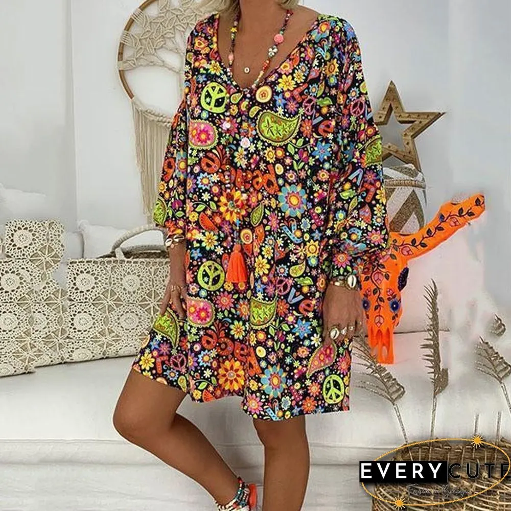 Short Sleeve Printed V Neck Loose Dress