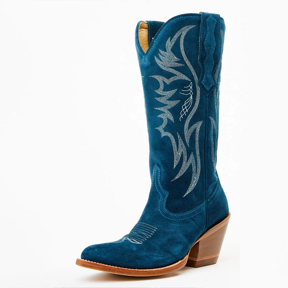 Teal Vegan Suede Almond Toe Chunky Heel Embroidered Cowgirl Boots