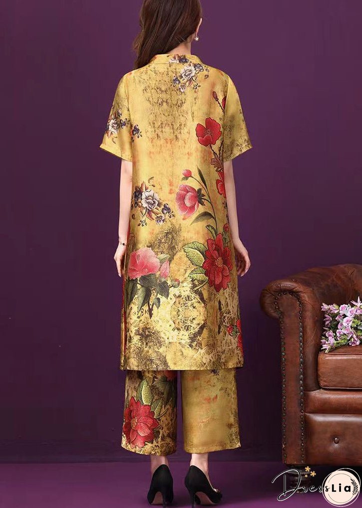 Yellow Stand Collar Pockets Floral Print Silk Two Pieces Set Short Sleeve