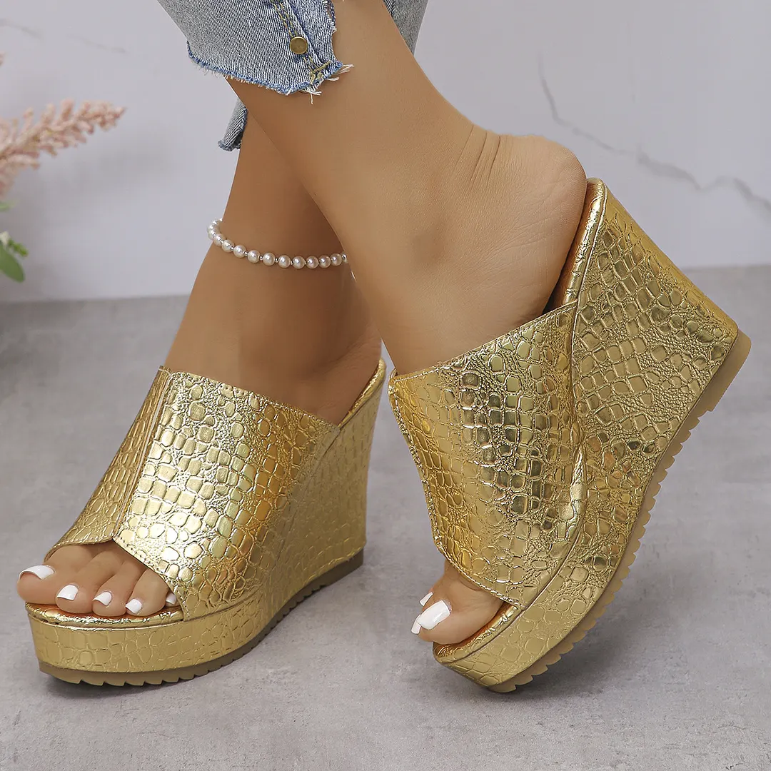Breakj Breakj Summer New Golden Fish Mouth Toe-Word Fashion Large-Size Slope And Cold Slippers